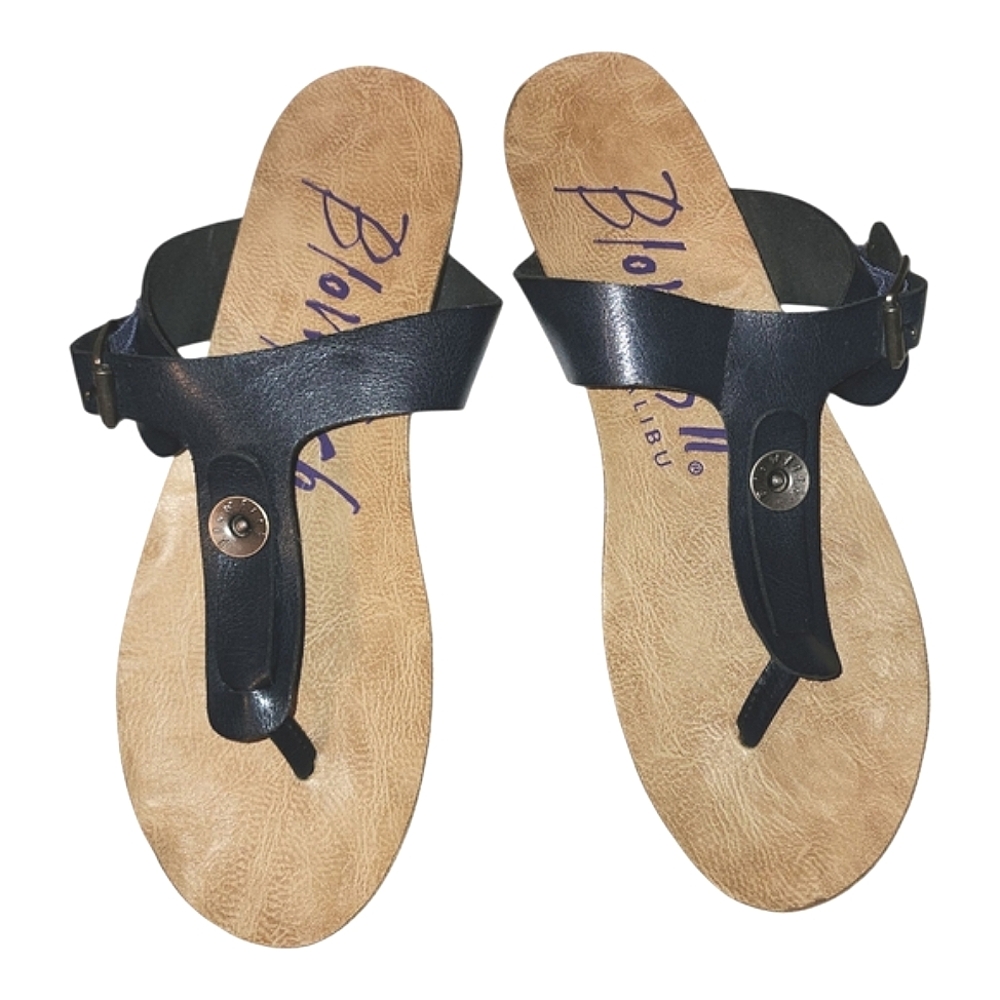 Blowfish Malibu Greco sz 8.5 Blue and Tan Sandals for Women t-strap slides thong